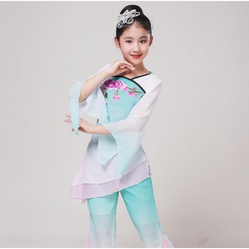 Wholesale girls chinese folk dance costumes kids ancient traditional yangko fan classical fairy dance dresses